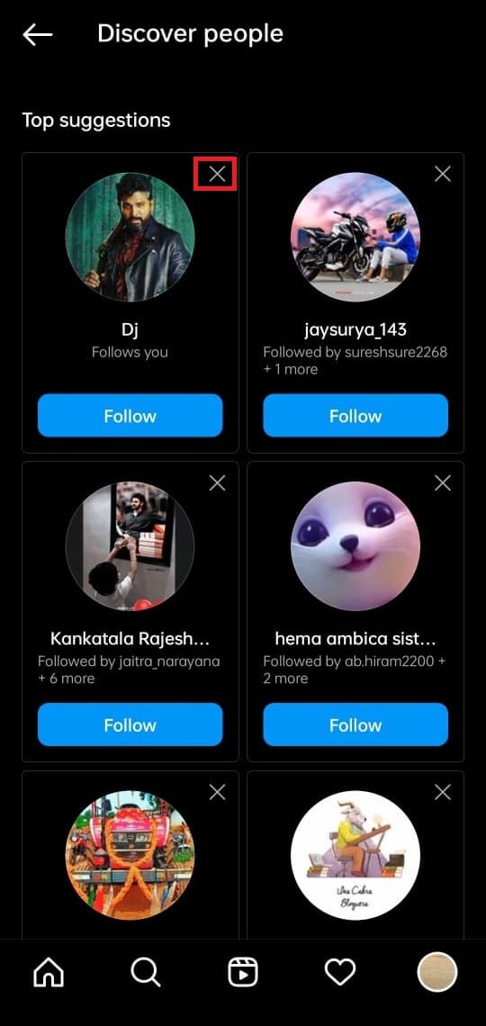 deleting a suggestion from discover people