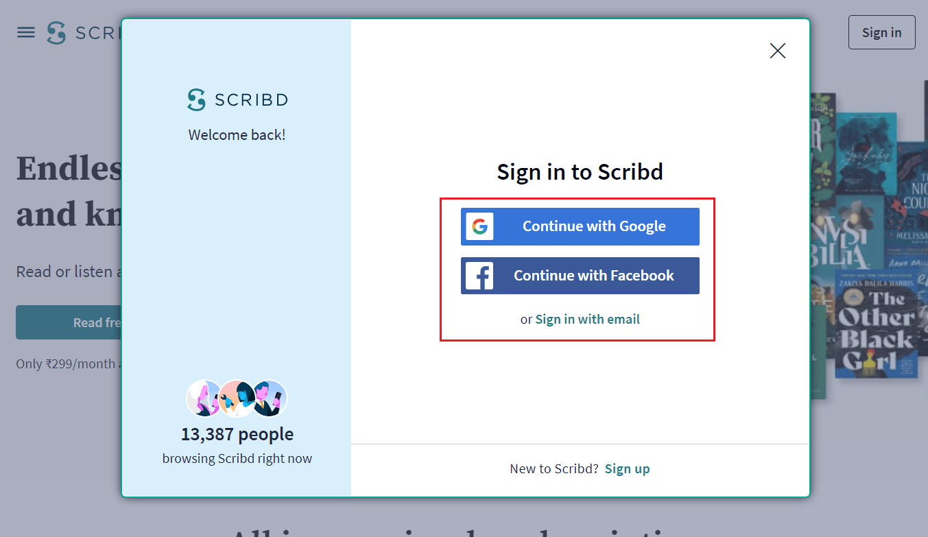 three ways of signing in to Scribd