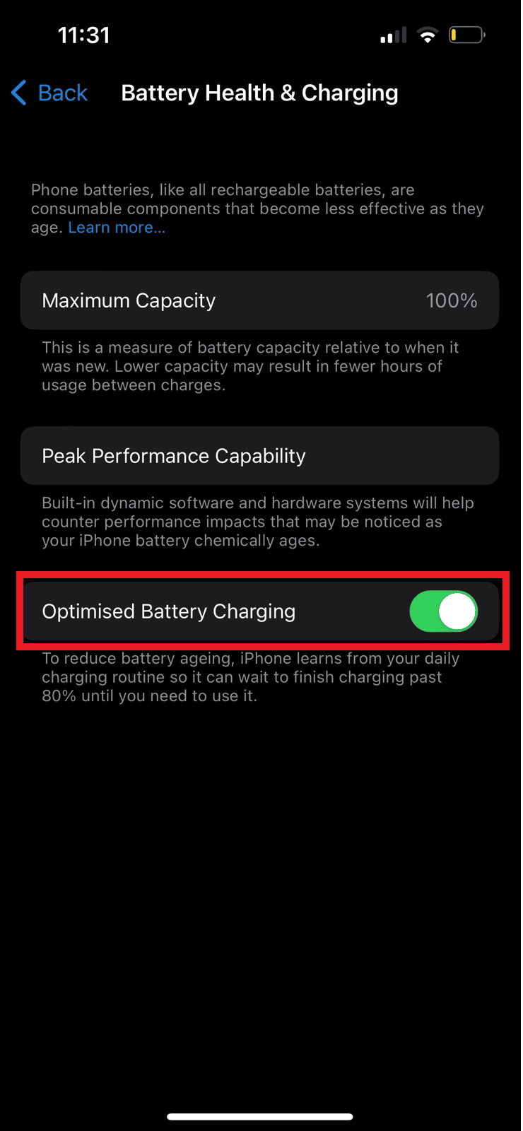 Locate the Optimized Battery Charging toggle and turn it off.