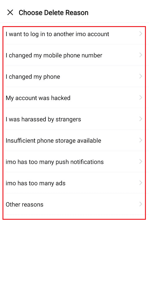 Select the desired reason to delete your account