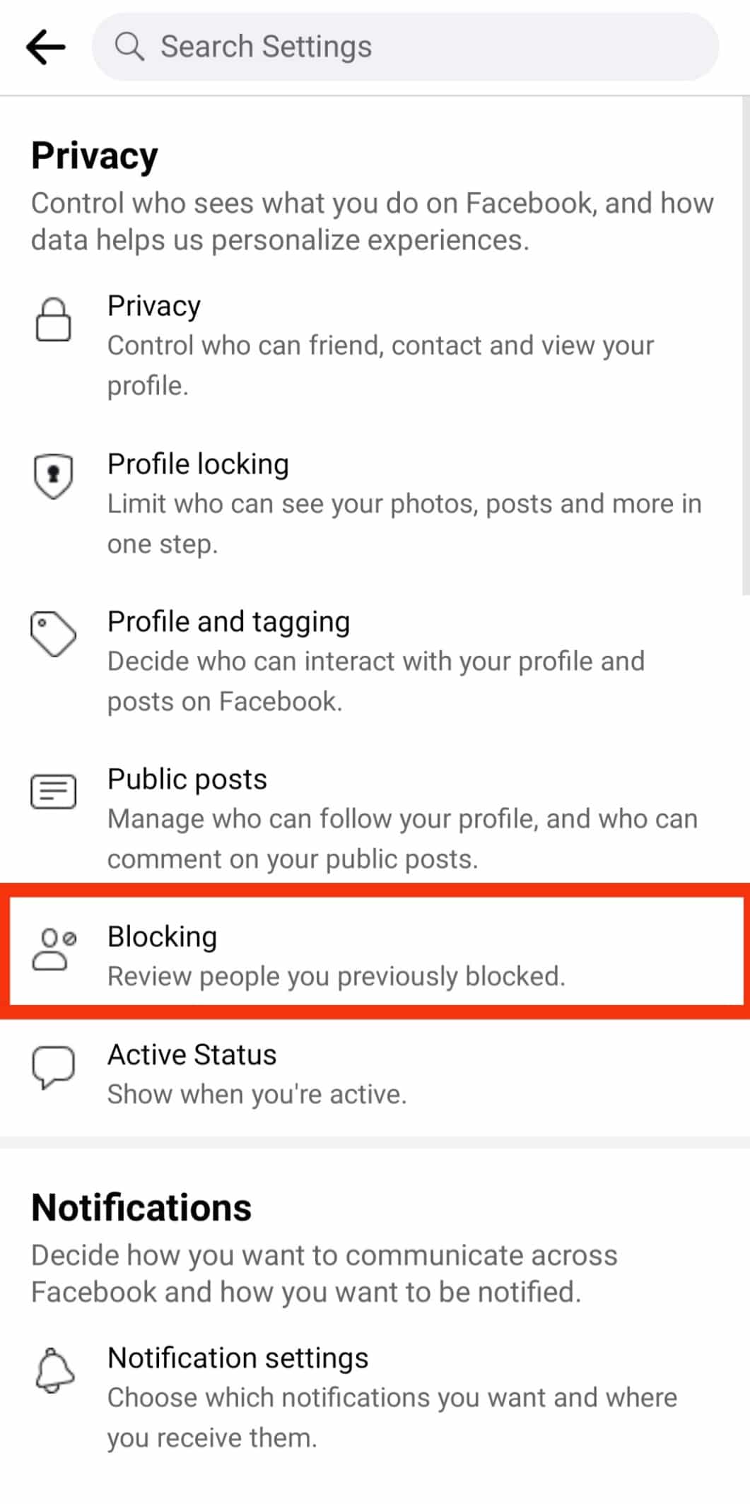 Select Blocking. | accidentally unfriended someone on Facebook