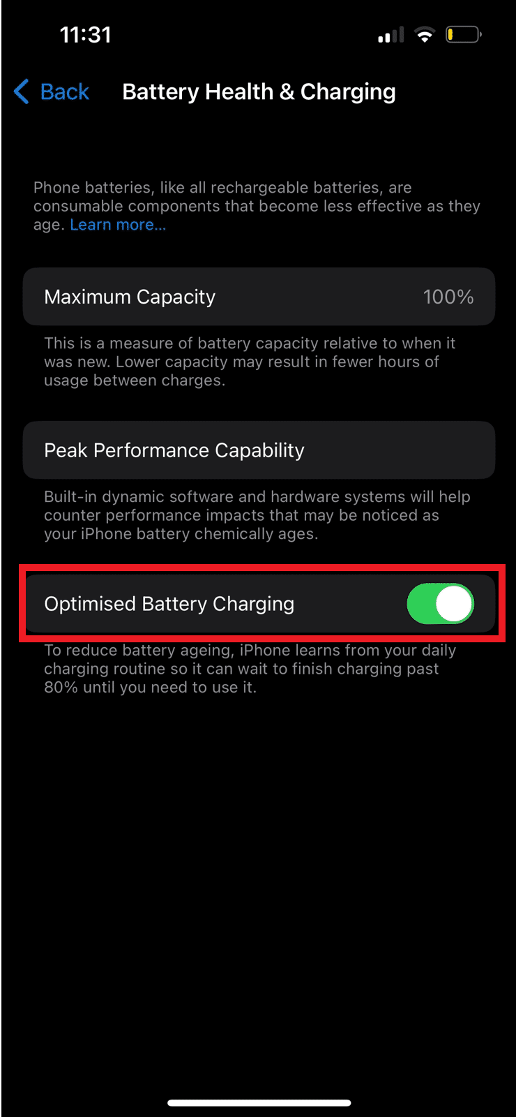 Locate the Optimized Battery Charging toggle and turn it off. 12 Ways to Fix Bumble App Not Working