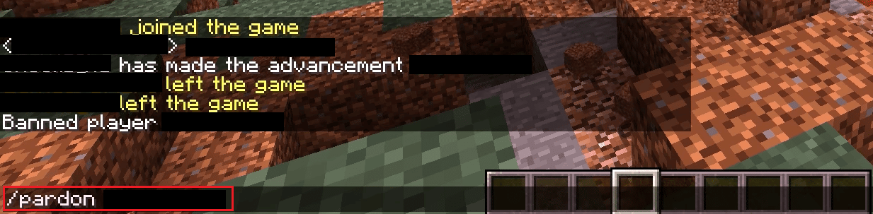 Enter pardon username command on Minecraft server console