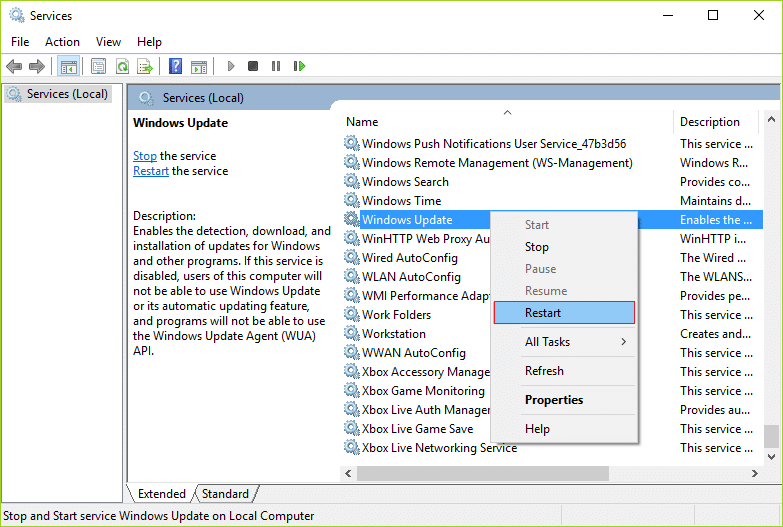 Right click on Windows Update Service and select Restart