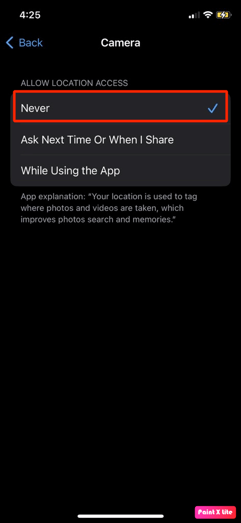 choose never option | fix iPhone camera not working