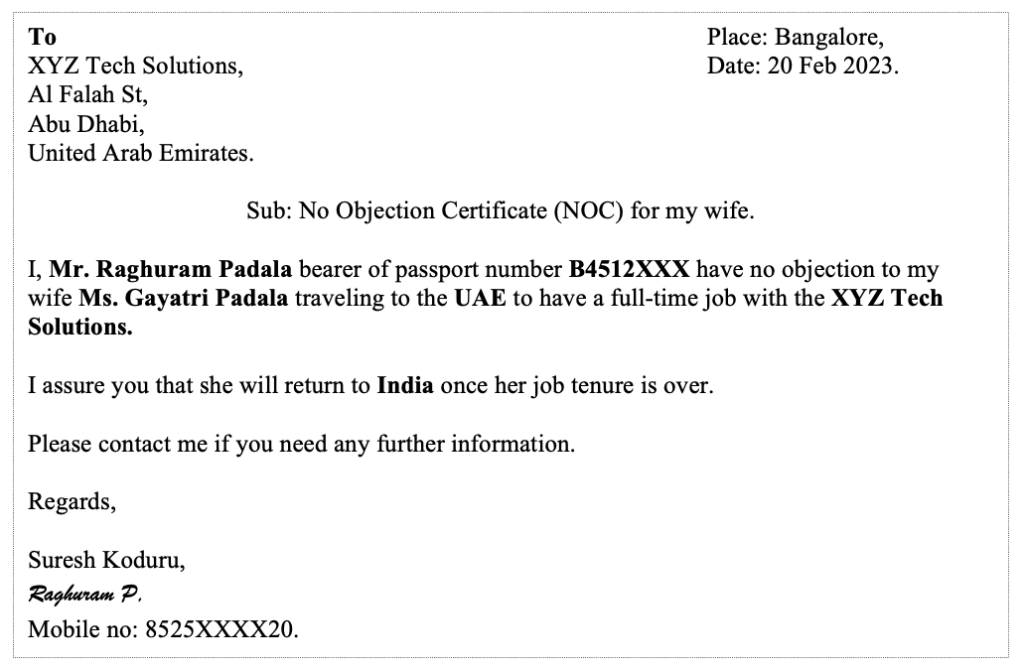 No Objection Letter for Wife's Visa from Husband