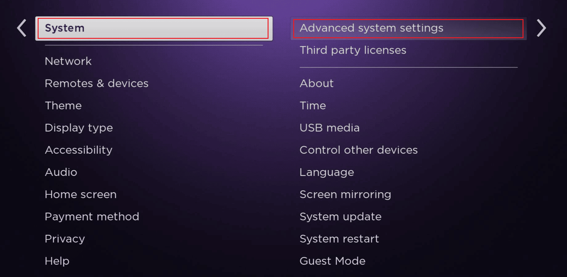 Scroll down and choose the System - Advance system settings option | reset my ONN TV without the reset button