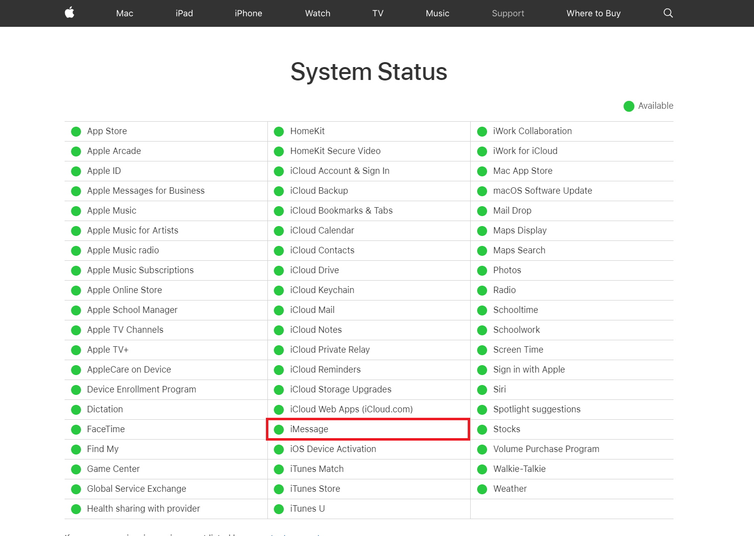 Apple System Status page