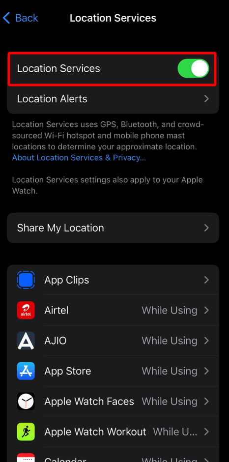 toggle on location services