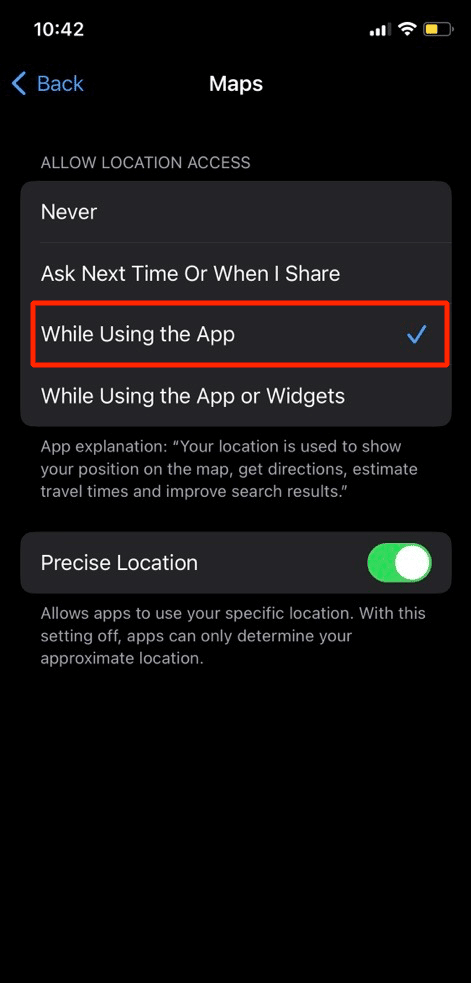 choose while using the app option