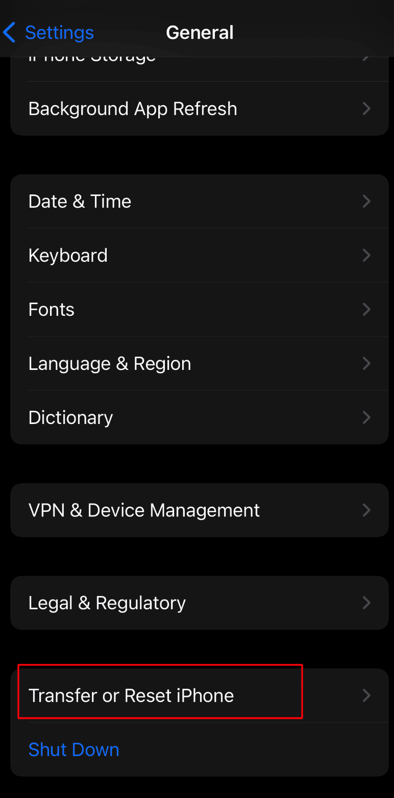 click on transfer or reset iphone