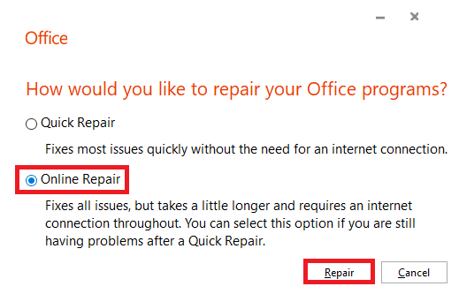 select Online Repair and then click Repair