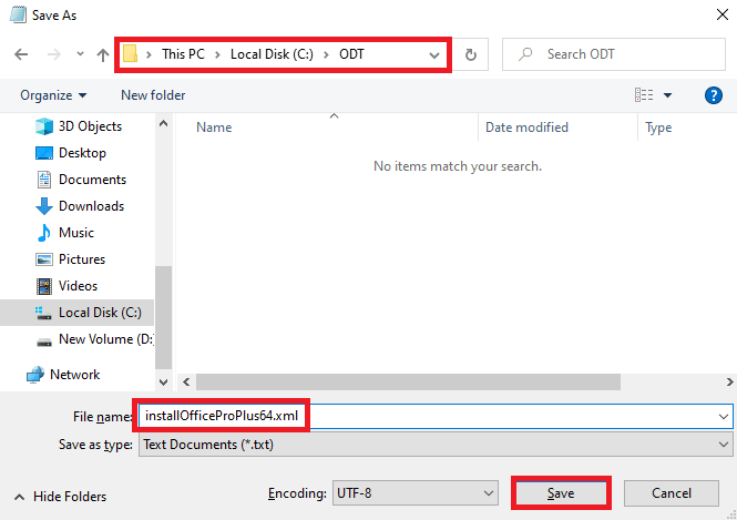 Press Ctrl + S and save the file in the ODT folder with the name installOfficeProPlus64.xml