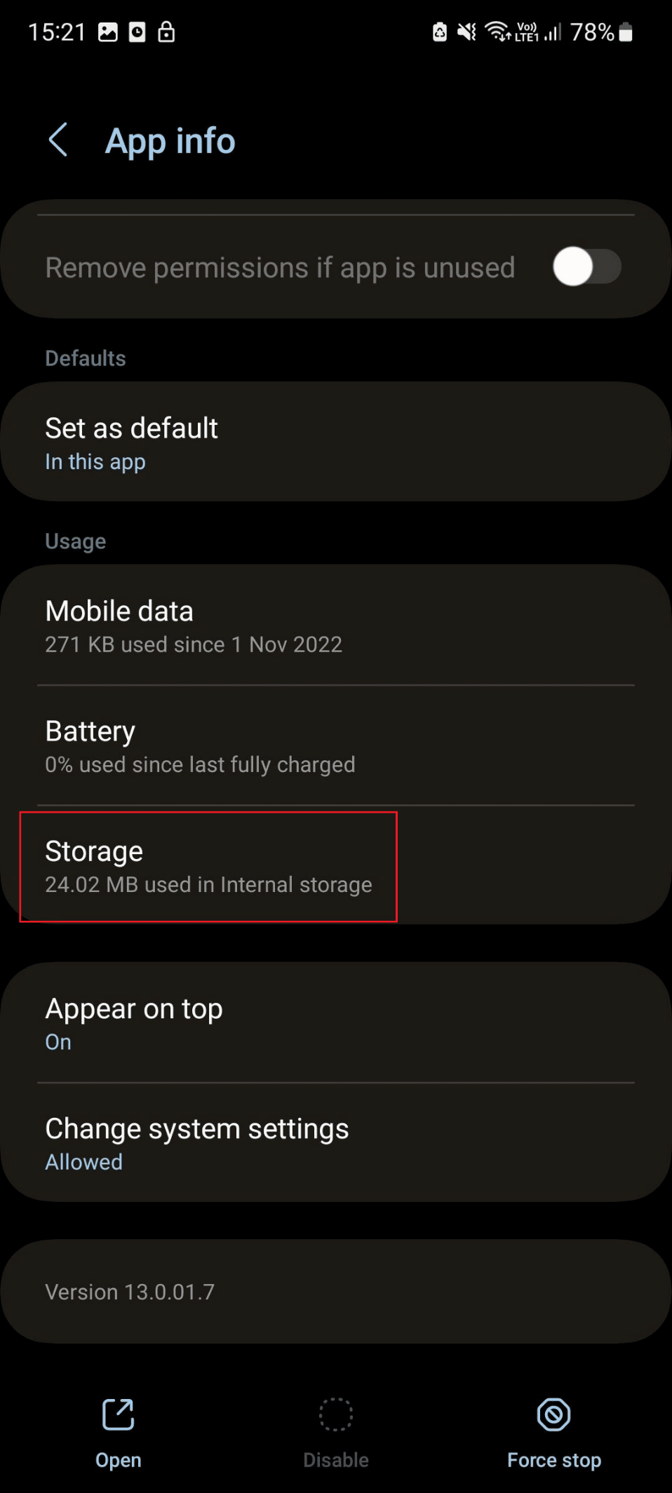 storage under app info