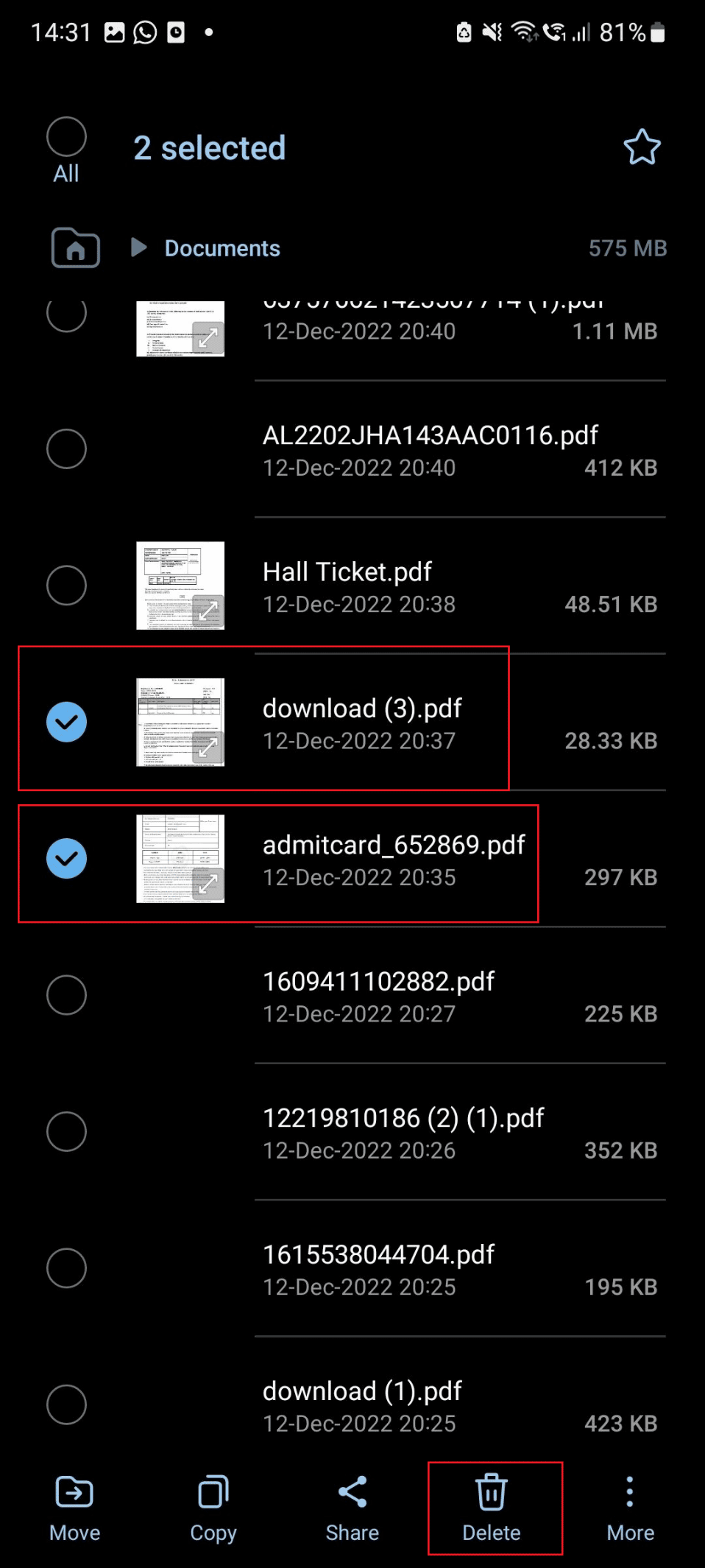 select and delete option s21