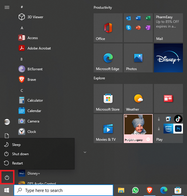 click on the Power icon