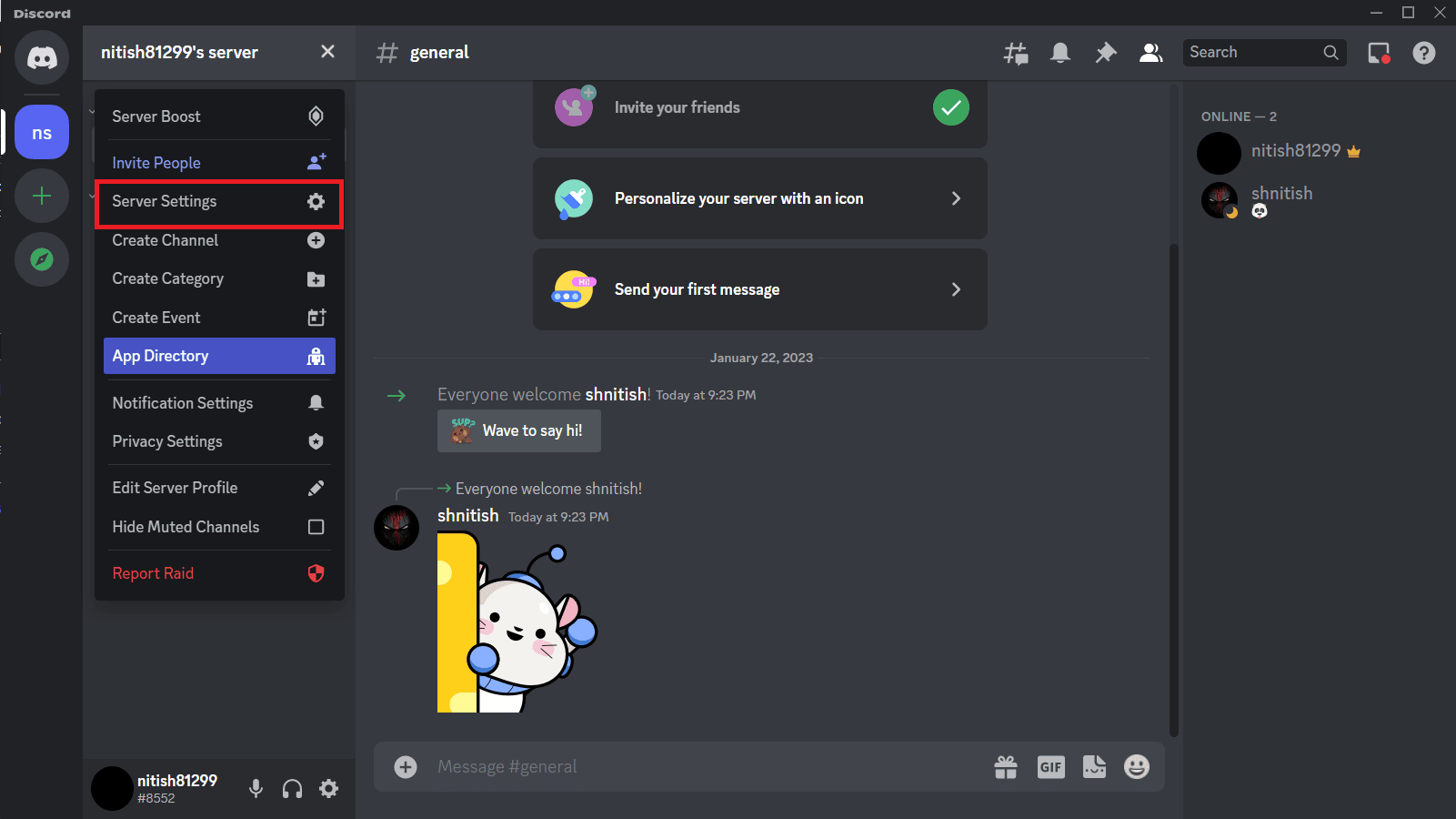 Choose Server Settings on discord