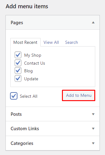 Adding new pages to the newly created menu