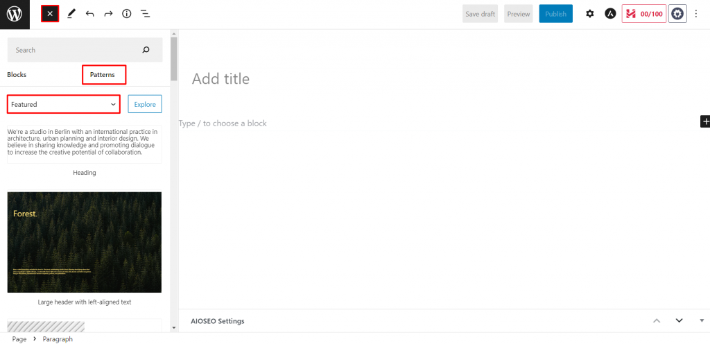 The Patterns tab and a dropdown menu on the the Toggle block inserter showing where you can find block patterns on the Gutenberg editor
