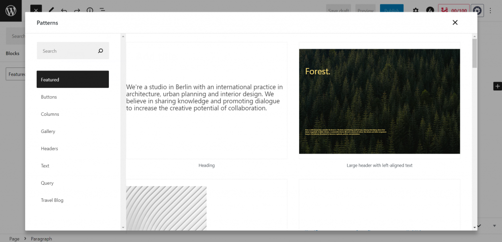 A popup showing block patterns under the Featured category