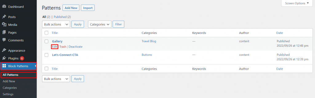 The Edit link under a block pattern titled Gallery within the Block Patterns window