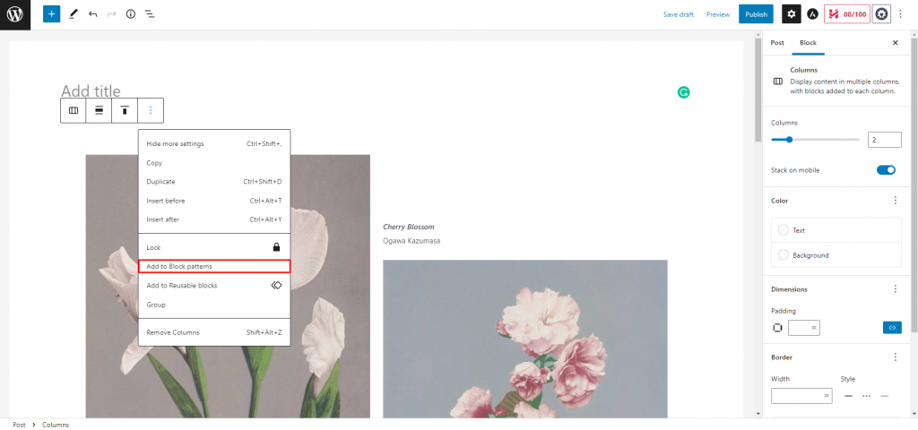 The Add to Block Patterns feature after right-clicking a block pattern on the WordPress editor