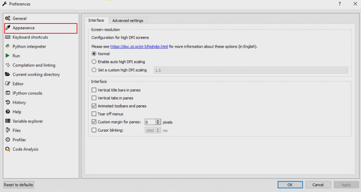 click on the Appearance option from the left pane | How to Get Dark Theme on Spyder IDE