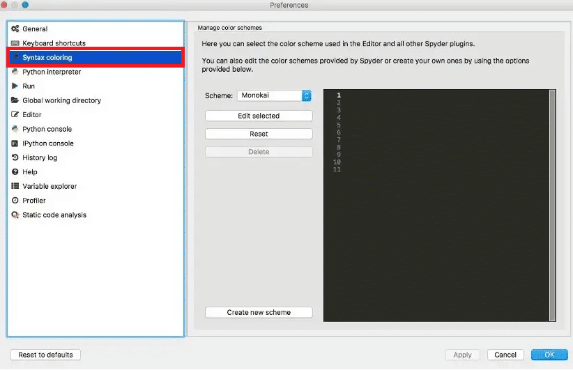 Click on the Syntax coloring option from the left pane
