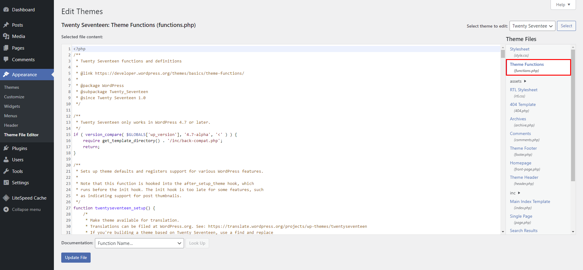Editing the Functions file using the Theme File Editor