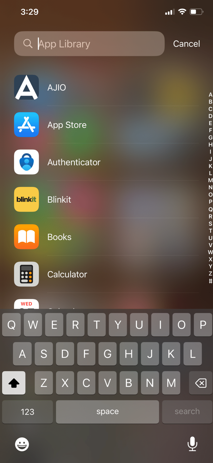 Tap on the search bar to get a list of your apps in alphabetical order.