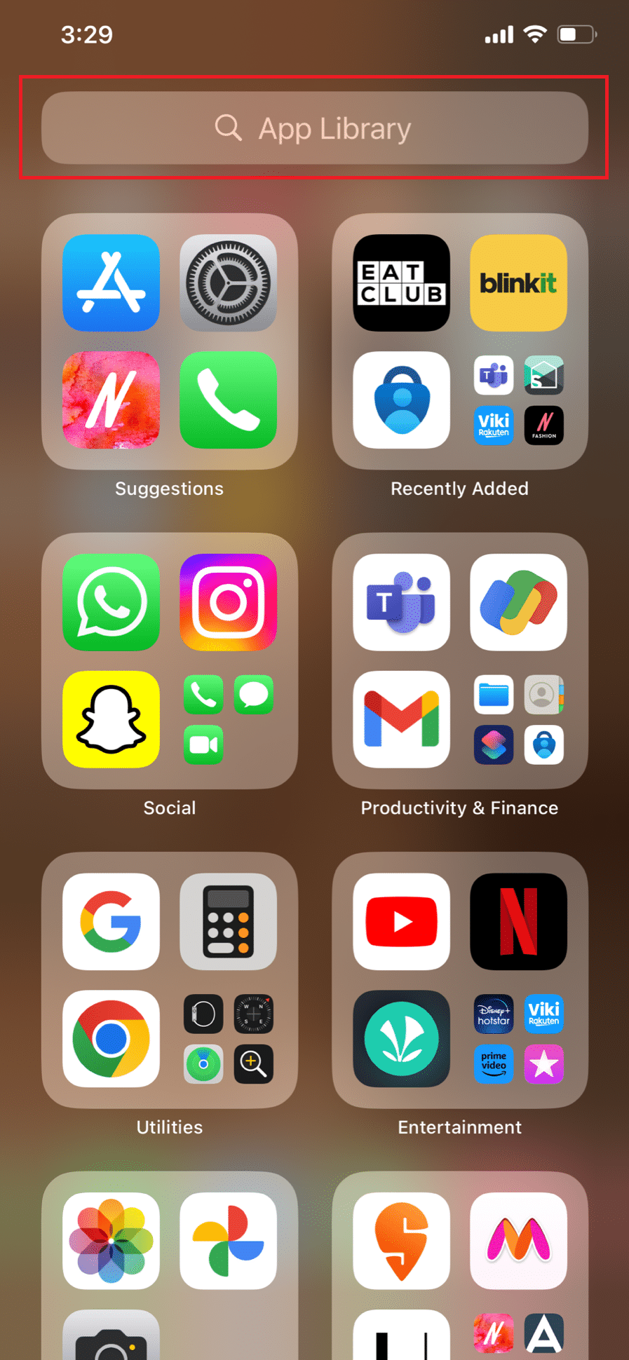 To access the App Library, go to the rightmost page of the Home Screen and swipe from right to left