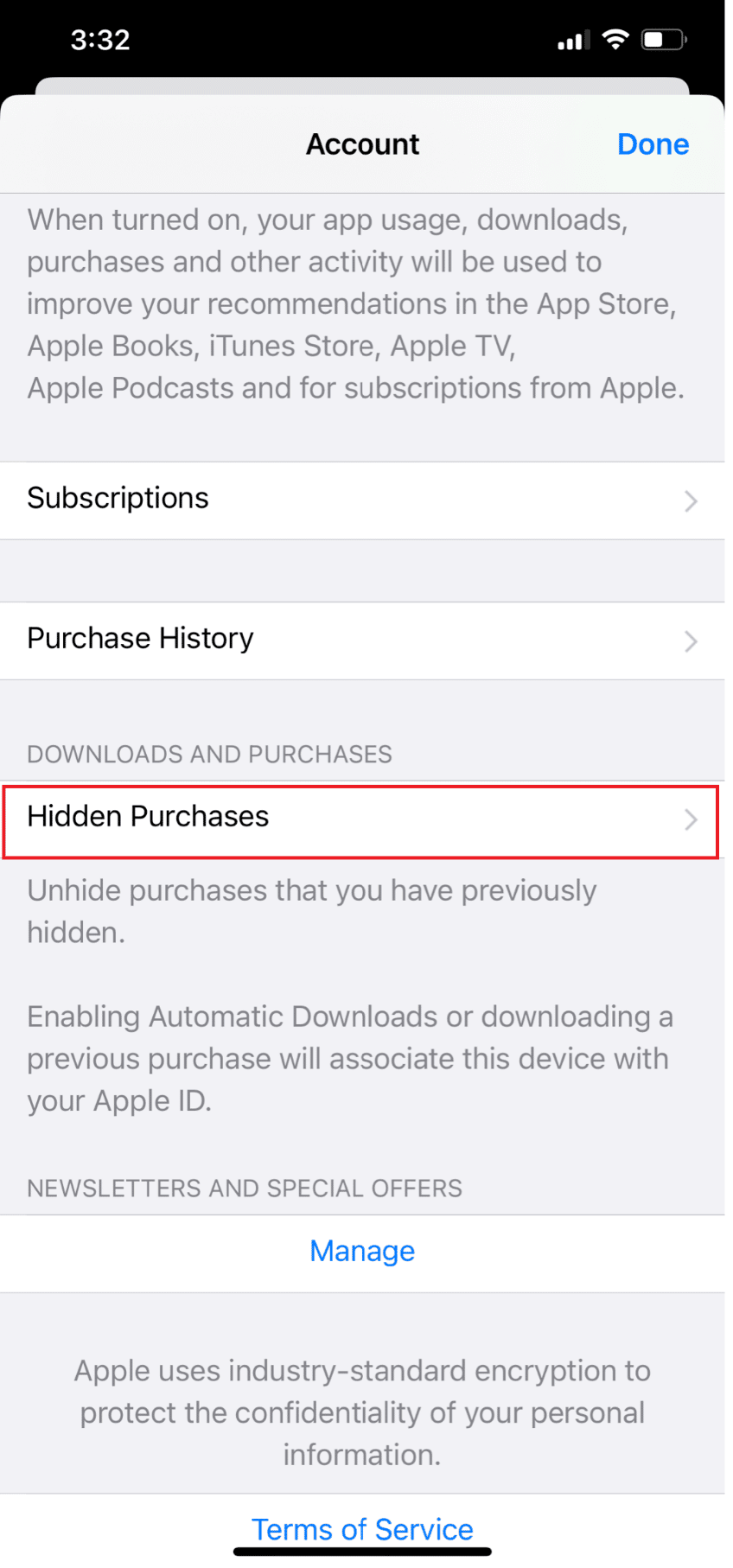 Scroll down and tap on Hidden Purchases