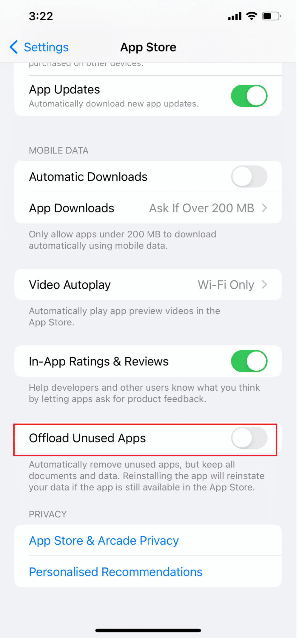toggle off Offload Unused Apps | can’t find app on iPhone