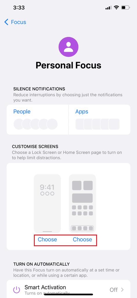 Tap on the Choose option under the home screen preview in CUSTOMISE SCREENS section | apps disappeared from iPhone home screen iOS 14
