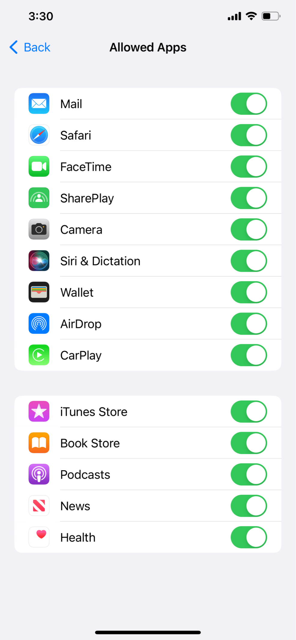 tap on Allowed Apps and toggle on all the apps