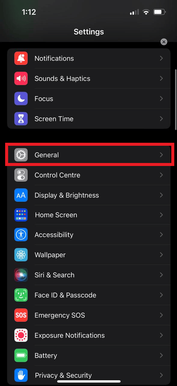 Select the General option from the Settings Menu