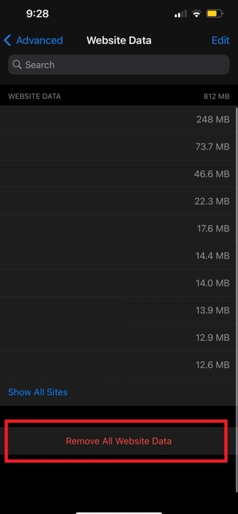 Choose the option to Remove All Website Data