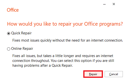 click Repair to allow MS Office to detect and resolve the Word found unreadable content Windows 10 issue