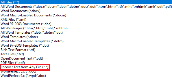 locate and select the Recover Text from Any File option