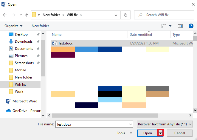 locate and click on the drop-down icon next to Open