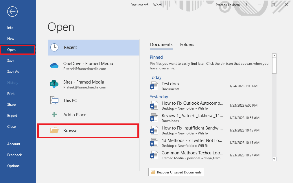 navigate to the Open tab and click Browse