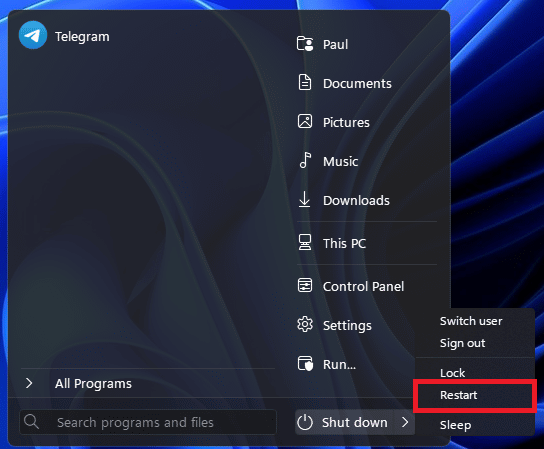 Click on Restart