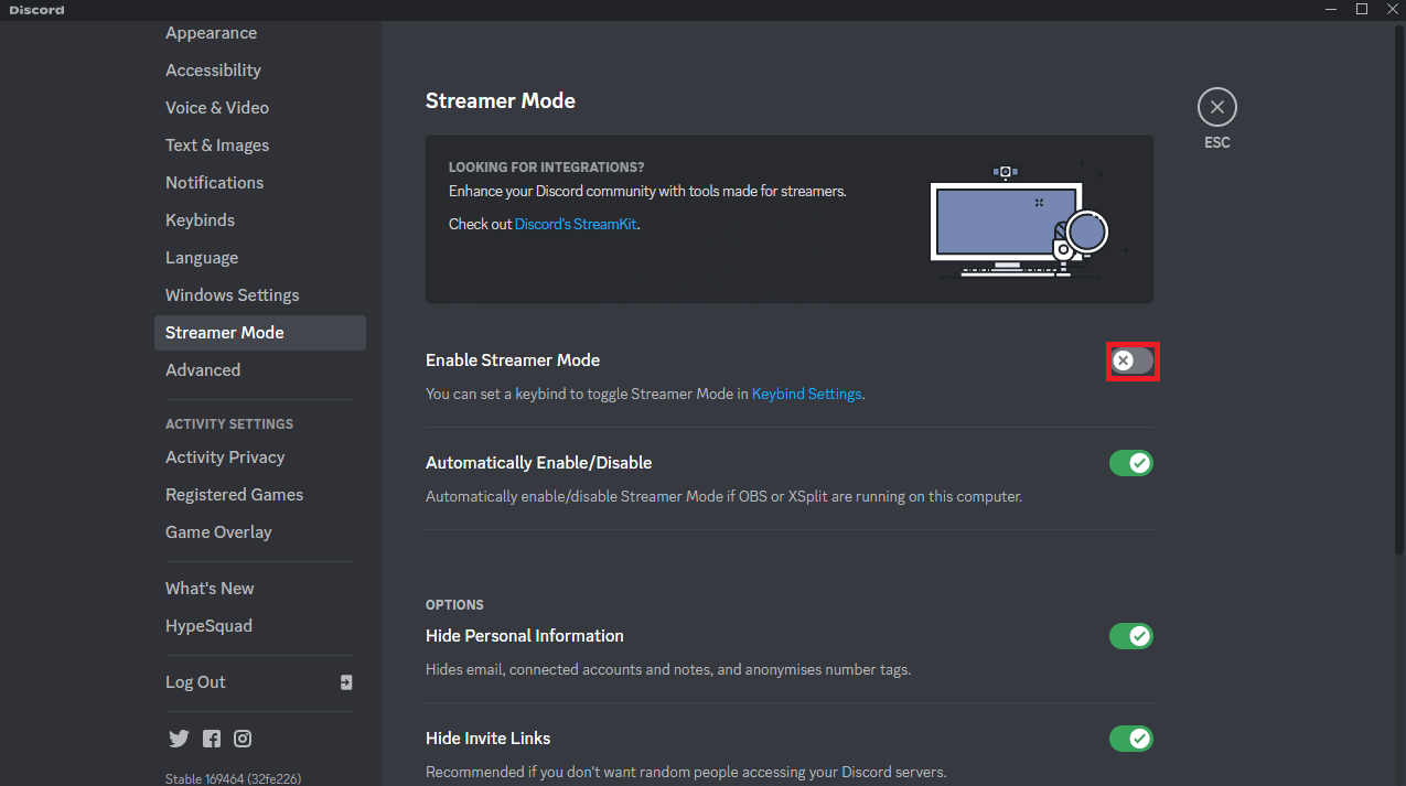 Click on the toggle button next to the Enable Streamer Mode option. Fix Discord Search Not Working on PC