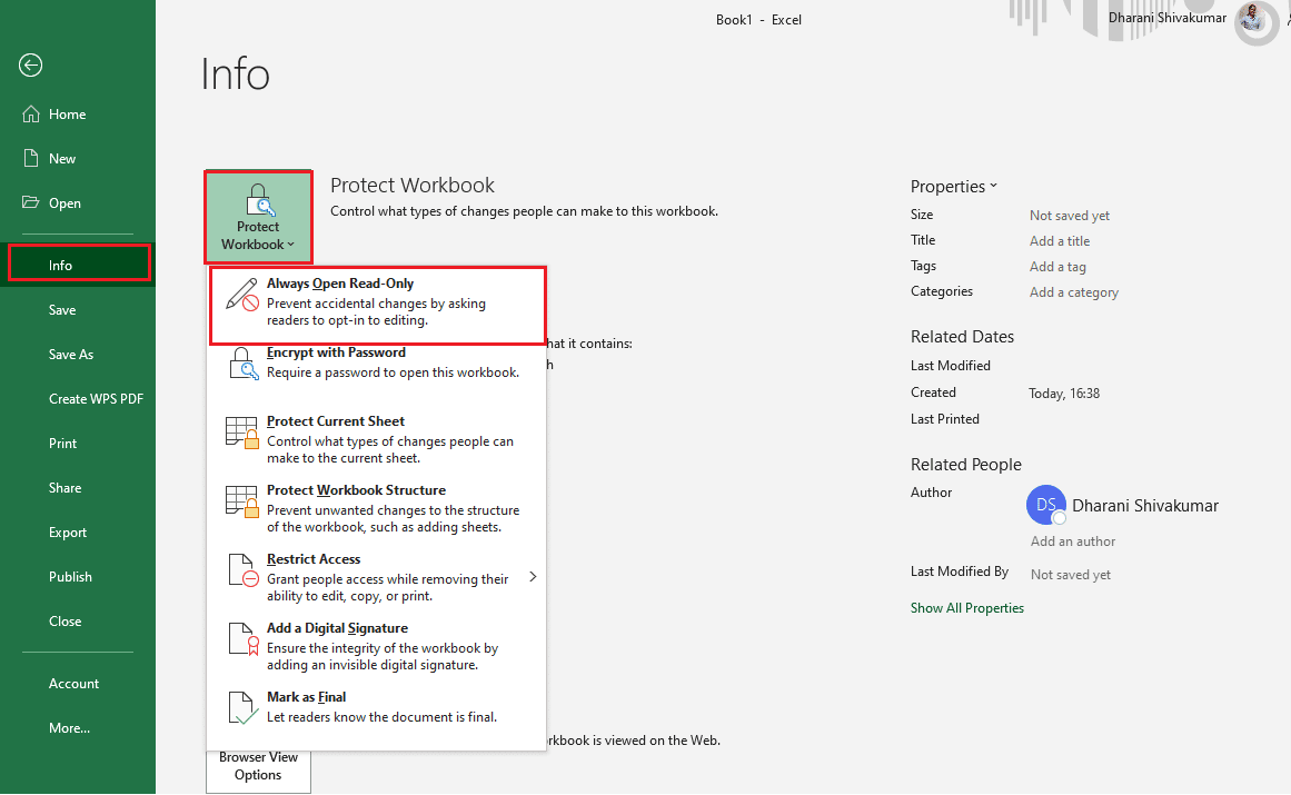 click on Protect Workbook option followed by Always Open Read-Only