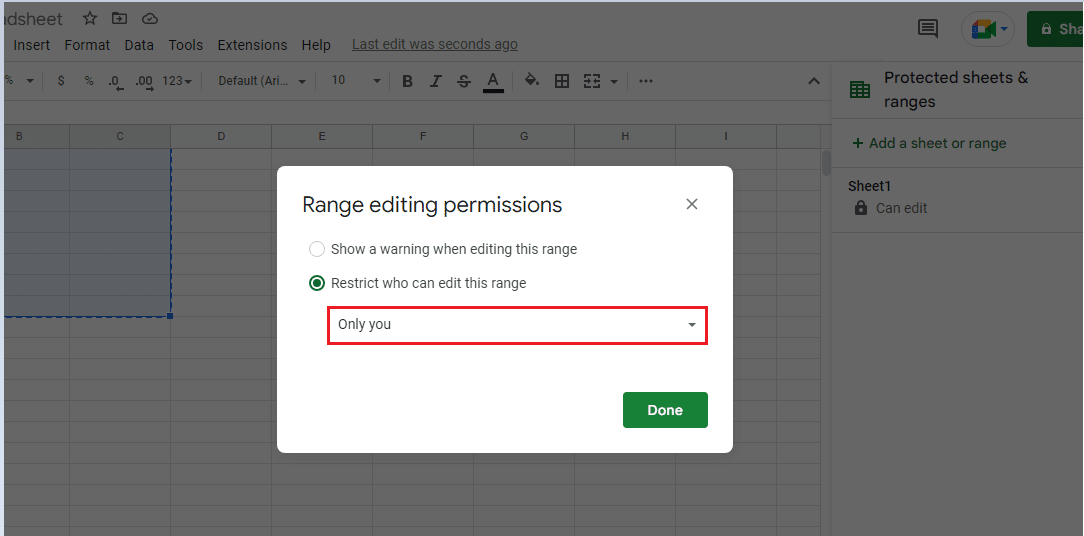 click on either Show a warning when editing this range or Restrict who can edit this range