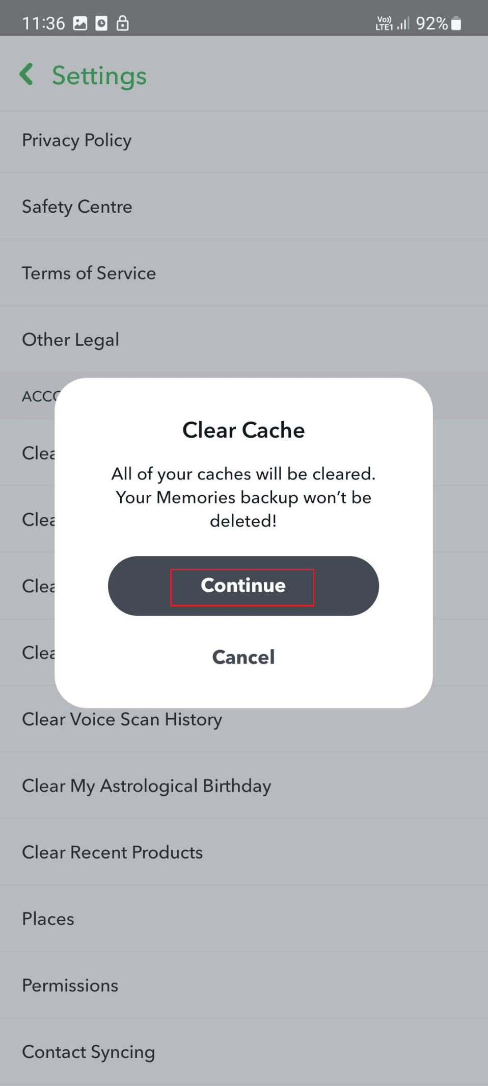 continue for clear cache
