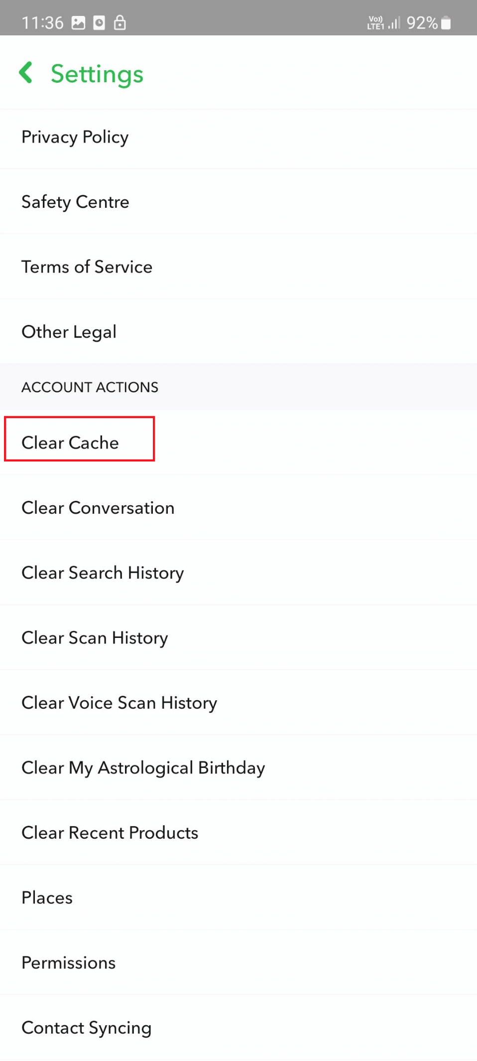 clear cache snapchat