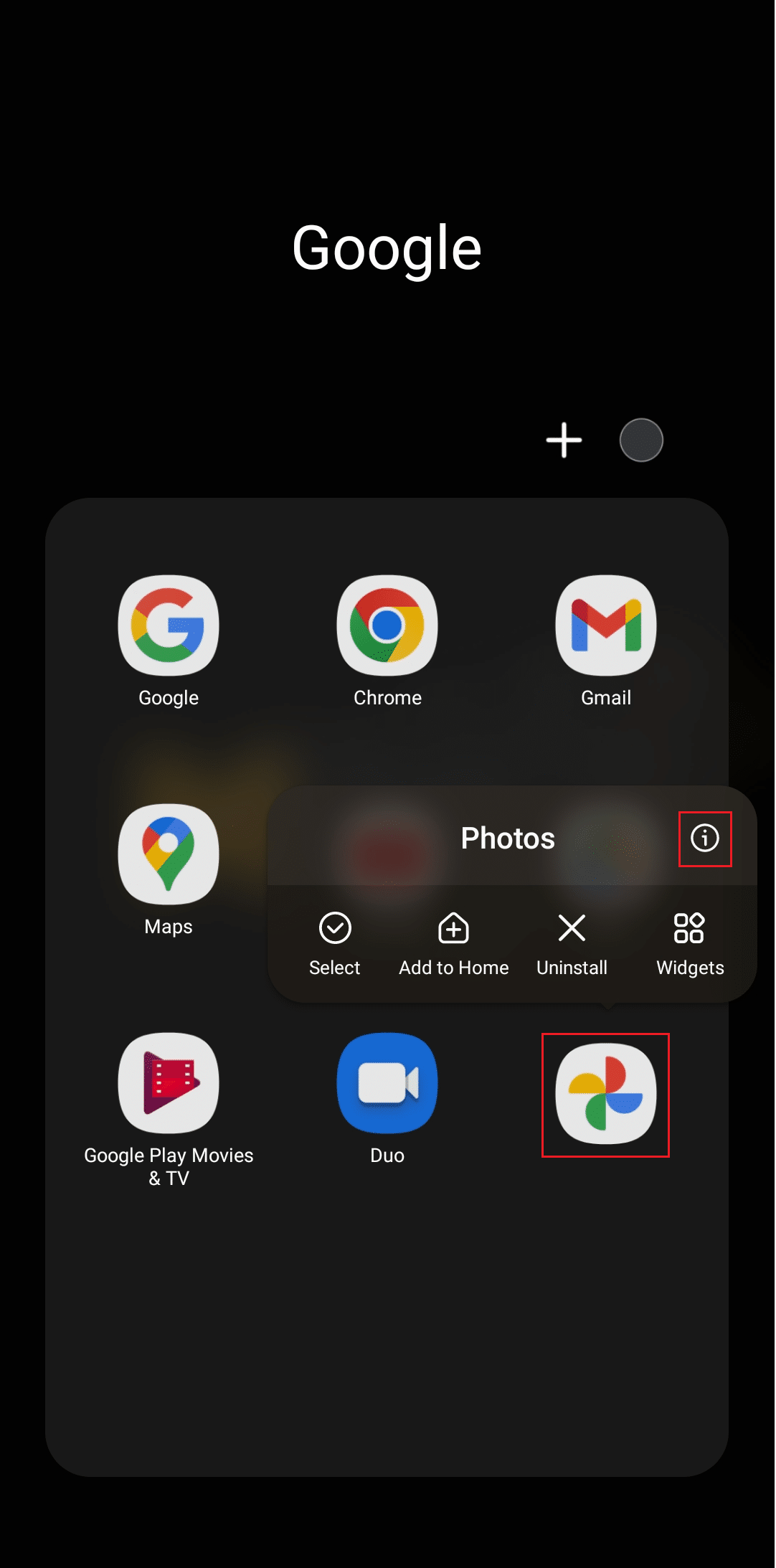 Google Photos icon on Android device with. info (i) button
