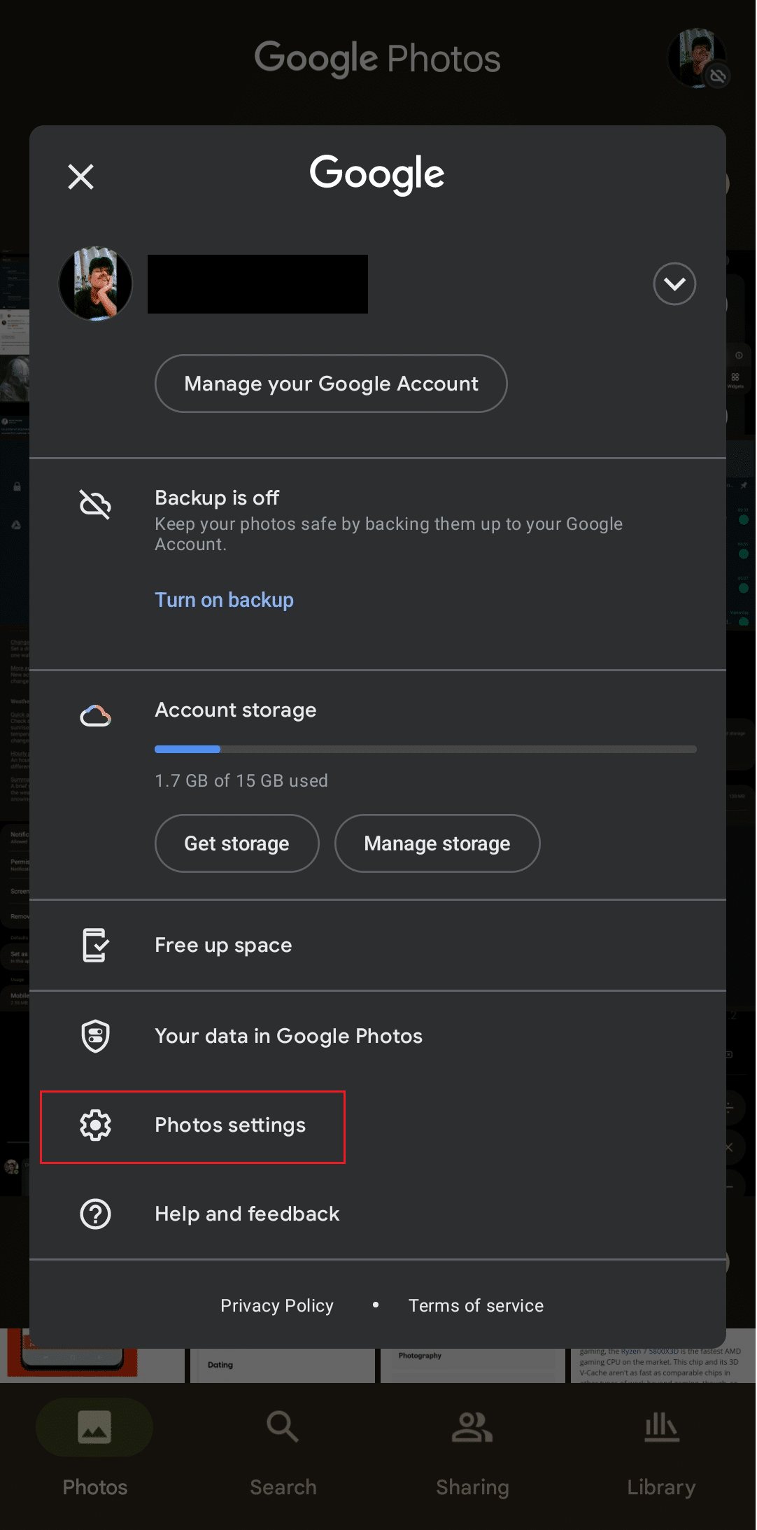 If you do not find the option to Turn on backup, click on Photos settings