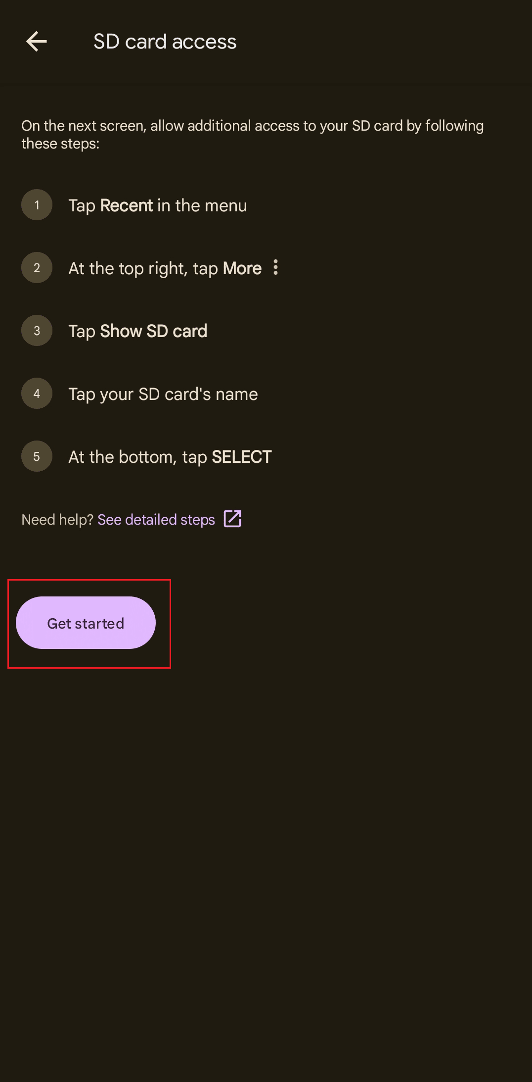 Get started option